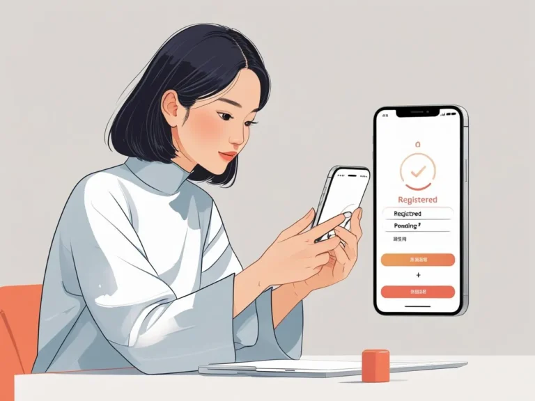 A person checking smartphone registration status online, showing a status bar or mobile screen with status 'registered' or 'pending', clean digital illustration, modern, simple background_ (3)