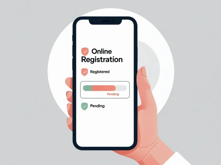 A person checking smartphone registration status online, showing a status bar or mobile screen with status 'registered' or 'pending', clean digital illustration, modern, simple background_ (4)