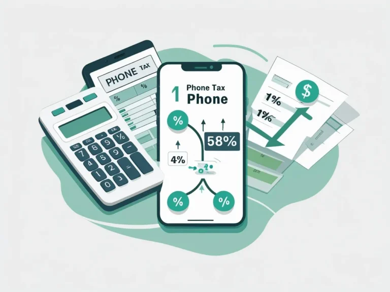 An illustration of a calculator, mobile phone, and tax papers showing percentage signs, arrows, and currency — formula concept for phone tax, light academic_infographic style, clean background (5)