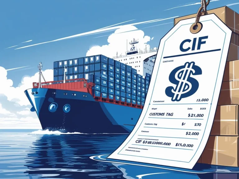 An illustration of a cargo ship, smartphone box, customs tag, and ‘CIF’ value document showing dollar sign — explaining import costs and valuation, global trade style, blue and white theme (5)