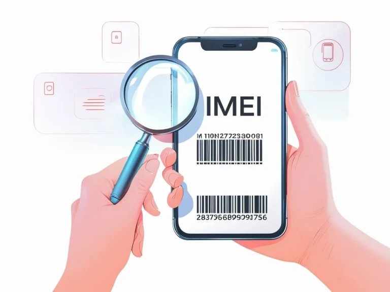 An illustration of a hand holding a phone with IMEI number displayed on screen, magnifying glass over it, and barcode below — simple and techy theme, clear background with tech-style UI icons (2)