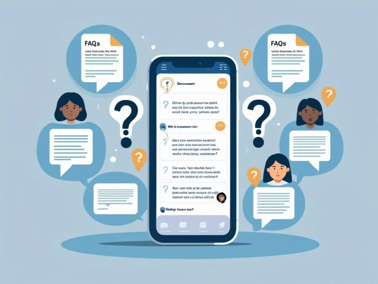 An illustration of a smartphone with floating question marks, user icons asking questions, chat bubbles and document icons around — FAQ concept, informative yet friendly, soft blue and light grey tones