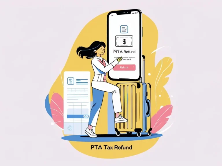 Traveler with luggage holding phone and receiving refund digitally, refund icon or currency back symbol, PTA tax refund concept, clean modern travel-related illustration (3)