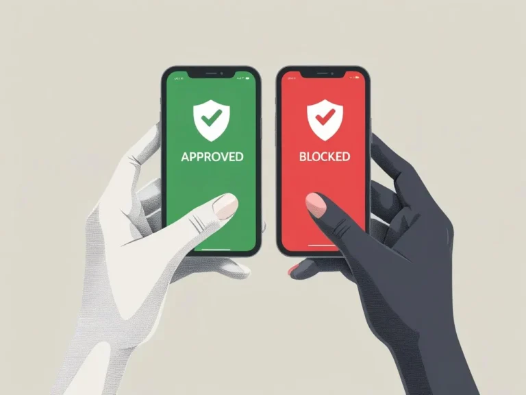 Two hands holding a smartphone with a green approved badge and red blocked sign option, illustrating decision-making before buying, modern style, clean vector art (7)